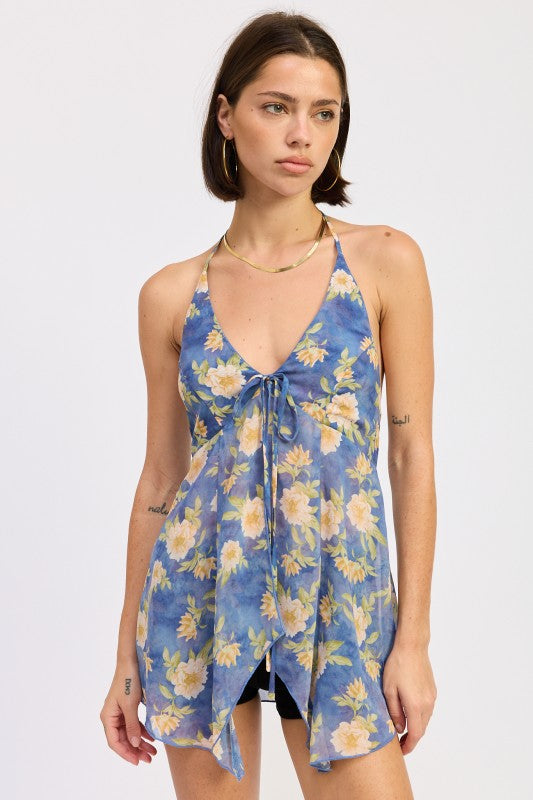 FRONT TIE HALTER FLORAL BUTTERFLY TOP-Emory Park-BLUE MULTI-S-[option4]-[option5]-[option6]-[option7]-[option8]-Shop-Boutique-Clothing-for-Women-Online
