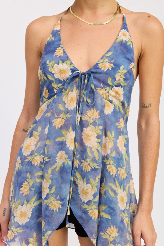 FRONT TIE HALTER FLORAL BUTTERFLY TOP-Emory Park-[option4]-[option5]-[option6]-[option7]-[option8]-Shop-Boutique-Clothing-for-Women-Online