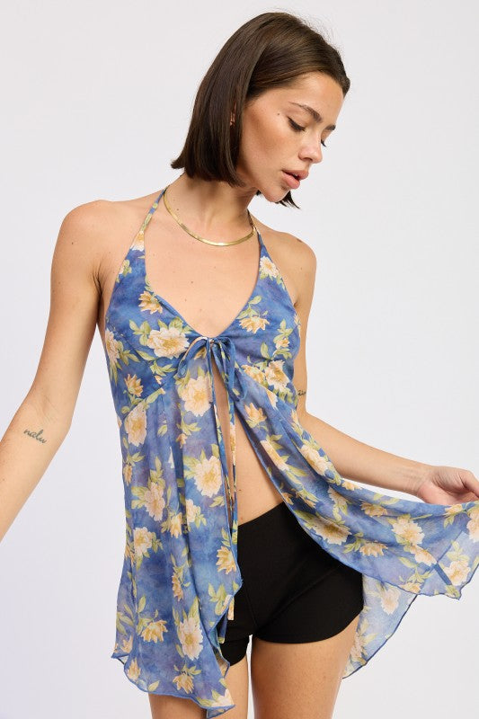 FRONT TIE HALTER FLORAL BUTTERFLY TOP-Emory Park-[option4]-[option5]-[option6]-[option7]-[option8]-Shop-Boutique-Clothing-for-Women-Online