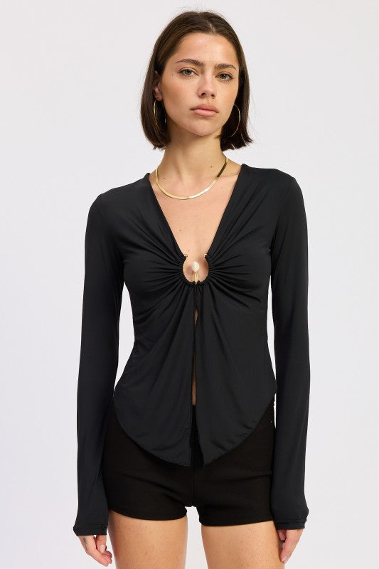 LONG SLEEVE FRONT RING RUCHED TOP-Emory Park-BLACK-S-[option4]-[option5]-[option6]-[option7]-[option8]-Shop-Boutique-Clothing-for-Women-Online