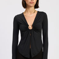 LONG SLEEVE FRONT RING RUCHED TOP-Emory Park-BLACK-S-[option4]-[option5]-[option6]-[option7]-[option8]-Shop-Boutique-Clothing-for-Women-Online