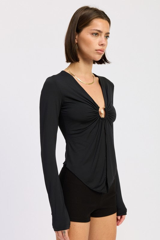 LONG SLEEVE FRONT RING RUCHED TOP-Emory Park-[option4]-[option5]-[option6]-[option7]-[option8]-Shop-Boutique-Clothing-for-Women-Online
