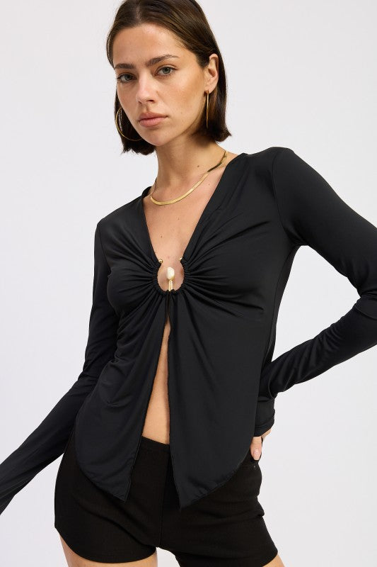 LONG SLEEVE FRONT RING RUCHED TOP-Emory Park-[option4]-[option5]-[option6]-[option7]-[option8]-Shop-Boutique-Clothing-for-Women-Online