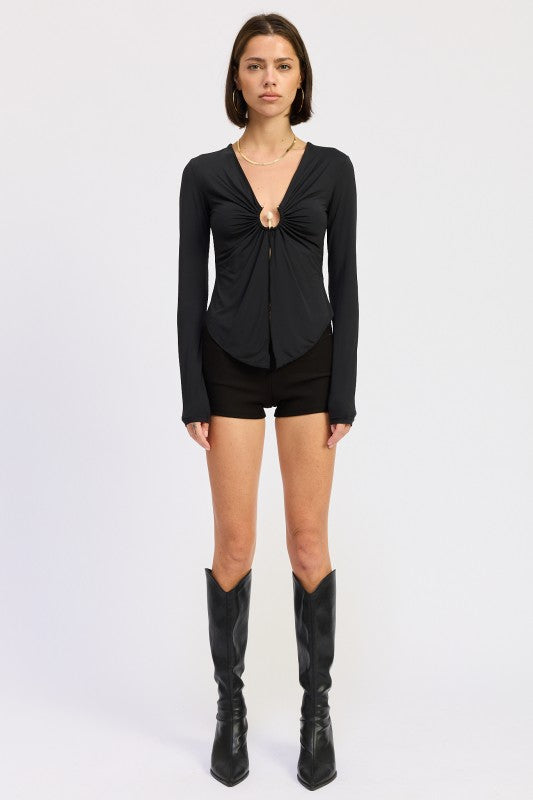 LONG SLEEVE FRONT RING RUCHED TOP-Emory Park-[option4]-[option5]-[option6]-[option7]-[option8]-Shop-Boutique-Clothing-for-Women-Online