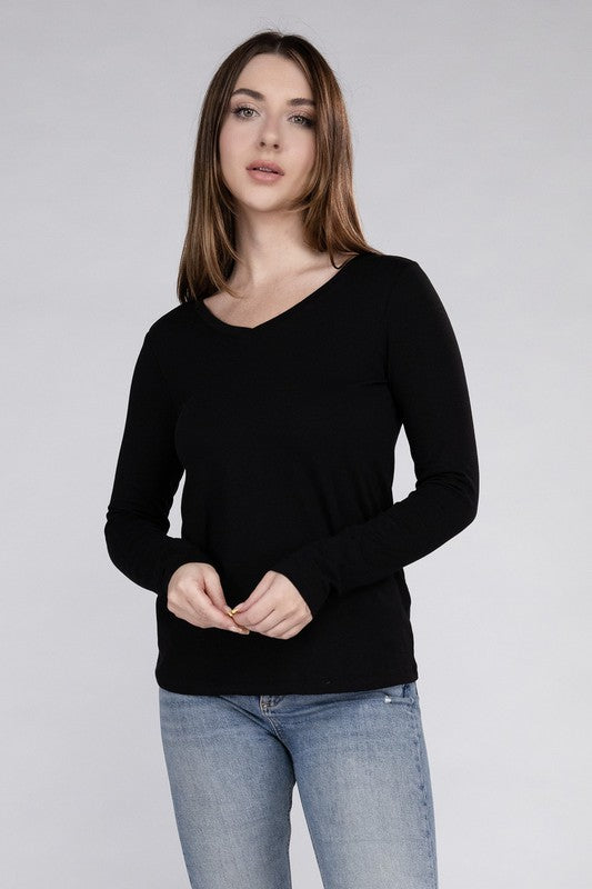 Zenana Cotton V-Neck Long Sleeve T-Shirt-ZENANA-BLACK-S-[option4]-[option5]-[option6]-[option7]-[option8]-Shop-Boutique-Clothing-for-Women-Online