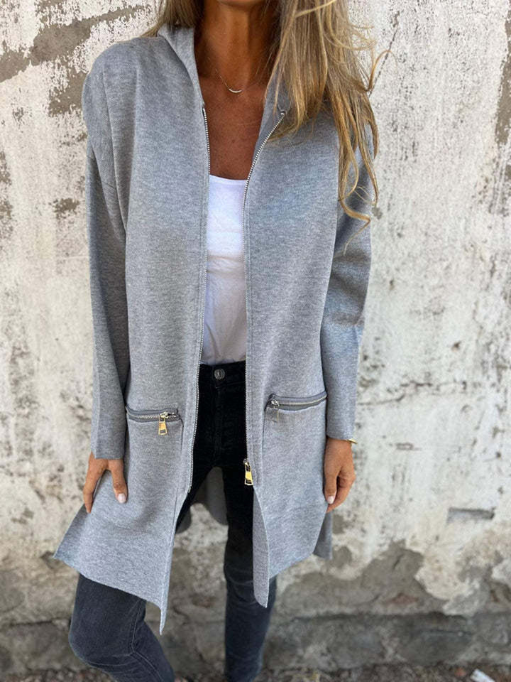 Zip Up Drop Shoulder Longline Hooded Jacket-Trendsi-[option4]-[option5]-[option6]-[option7]-[option8]-Shop-Boutique-Clothing-for-Women-Online