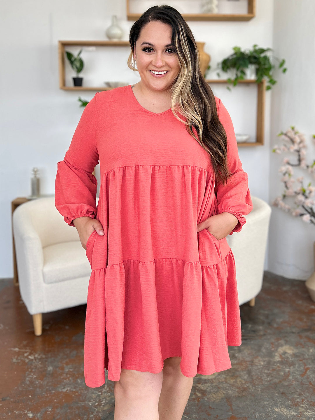 Double Take V-Neck Balloon Sleeve Tiered Dress-Trendsi-Coral-S-[option4]-[option5]-[option6]-[option7]-[option8]-Shop-Boutique-Clothing-for-Women-Online