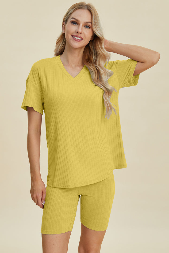 Basic Bae Ribbed V-Neck Short Sleeve Top and Shorts Set-Trendsi-Yellow-S-[option4]-[option5]-[option6]-[option7]-[option8]-Shop-Boutique-Clothing-for-Women-Online