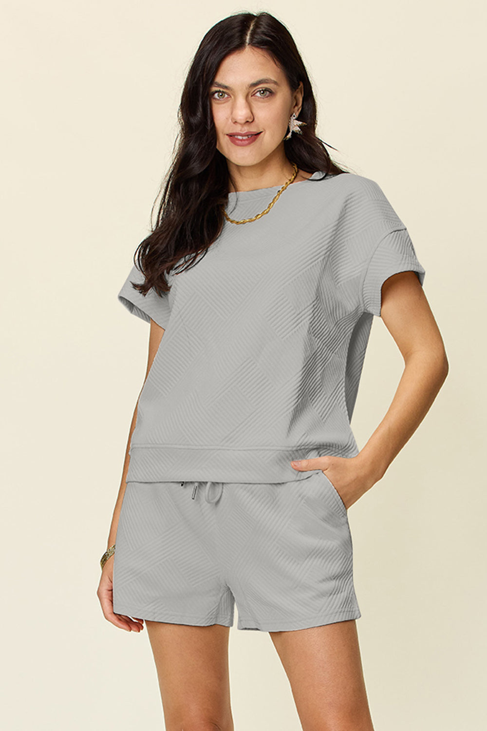 Double Take Texture Short Sleeve T-Shirt and Drawstring Shorts Set-Trendsi-Light Gray-S-[option4]-[option5]-[option6]-[option7]-[option8]-Shop-Boutique-Clothing-for-Women-Online