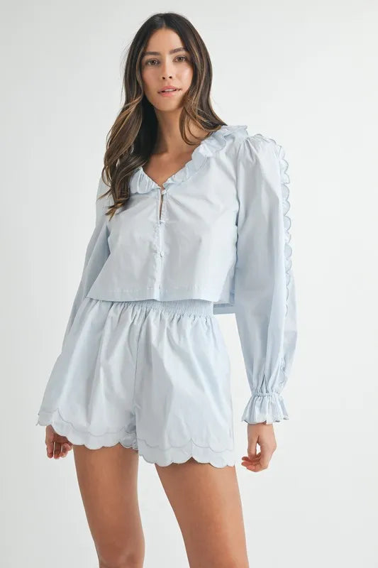 MABLE Long Sleeve Scallop Blouse and Shorts Set-Two Piece Shorts Sets-Trendsi-[option4]-[option5]-[option6]-[option7]-[option8]-Shop-Boutique-Clothing-for-Women-Online