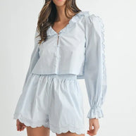 MABLE Long Sleeve Scallop Blouse and Shorts Set-Two Piece Shorts Sets-Trendsi-[option4]-[option5]-[option6]-[option7]-[option8]-Shop-Boutique-Clothing-for-Women-Online