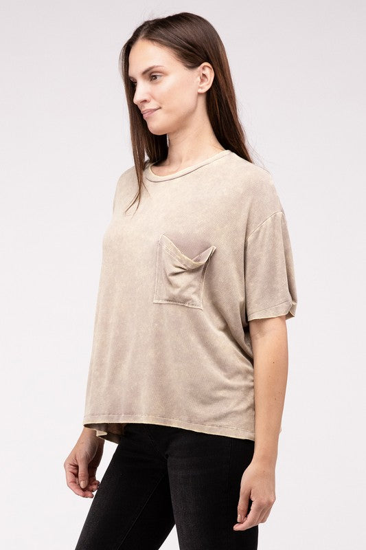 Zenana Washed Ribbed Cuffed Short Sleeve Round Neck Top-ZENANA-[option4]-[option5]-[option6]-[option7]-[option8]-Shop-Boutique-Clothing-for-Women-Online