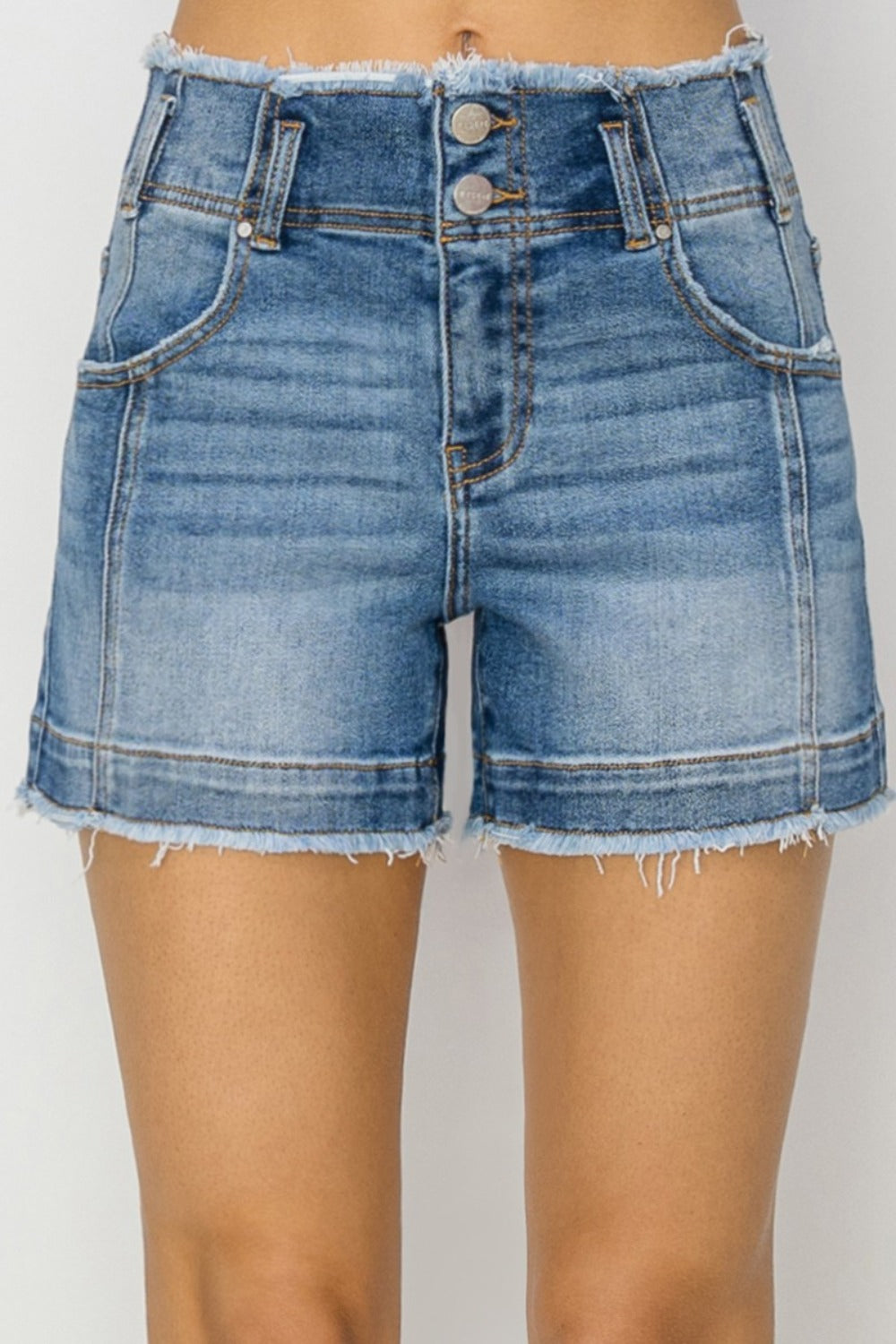 RISEN High Rise Seam Detailed Raw Edge Denim Shorts-Trendsi-[option4]-[option5]-[option6]-[option7]-[option8]-Shop-Boutique-Clothing-for-Women-Online