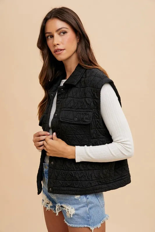 Annie Wear Texture Quilted Snap Down Vest Coat-Vest-Trendsi-[option4]-[option5]-[option6]-[option7]-[option8]-Shop-Boutique-Clothing-for-Women-Online