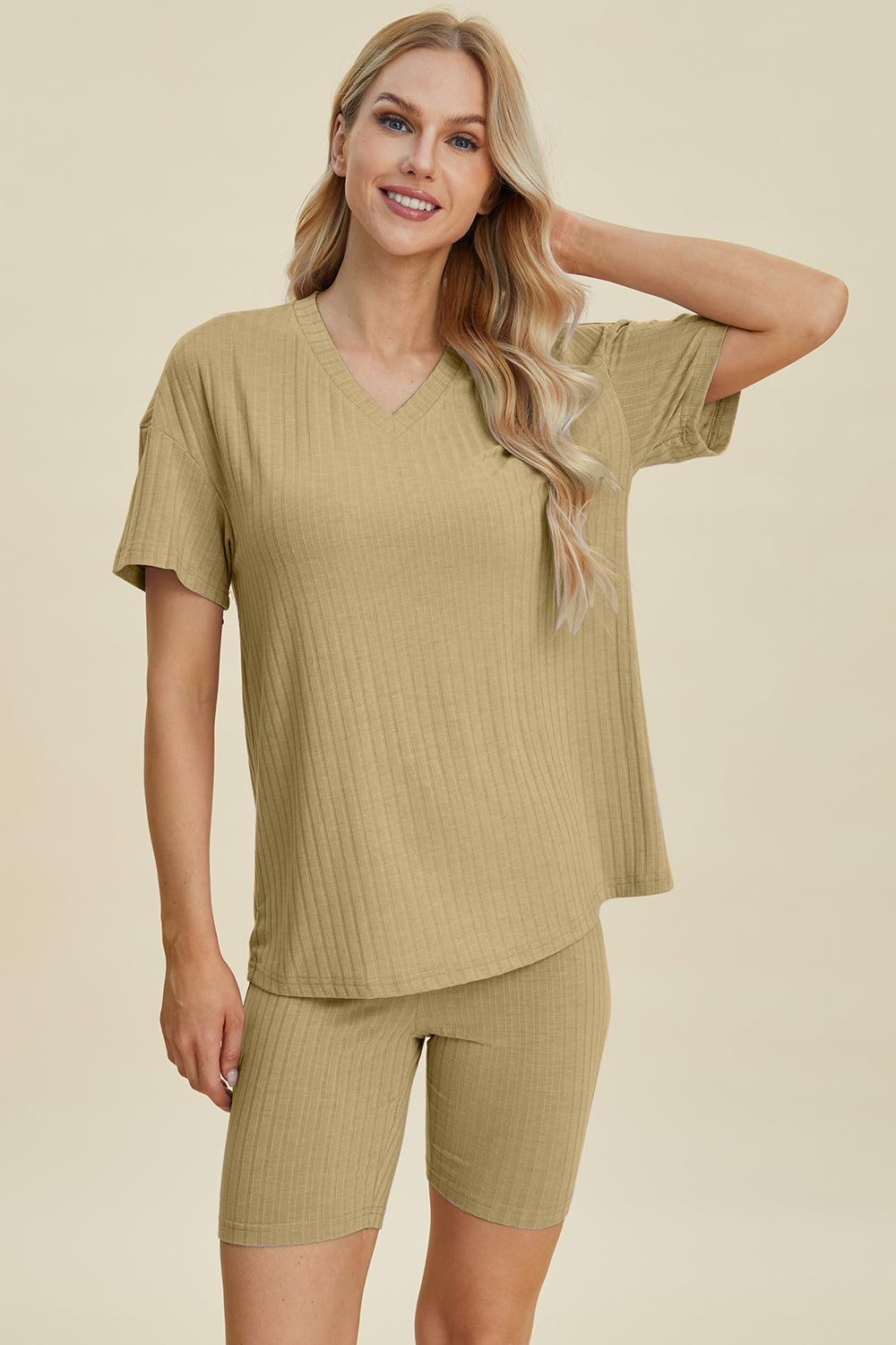 Basic Bae Ribbed V-Neck Short Sleeve Top and Shorts Set-Trendsi-[option4]-[option5]-[option6]-[option7]-[option8]-Shop-Boutique-Clothing-for-Women-Online