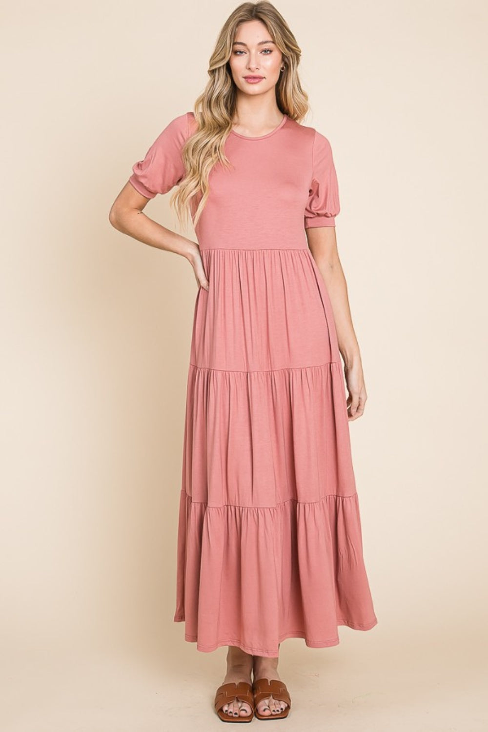 BOMBOM Short Sleeve Tiered Maxi Dress-Trendsi-[option4]-[option5]-[option6]-[option7]-[option8]-Shop-Boutique-Clothing-for-Women-Online