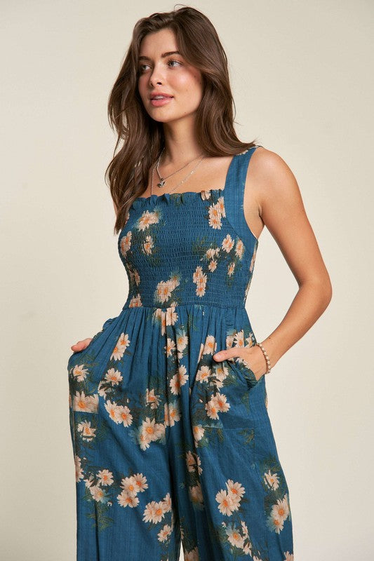 Davi & Dani Floral Printed Ruffle Detail Jumpsuit-Davi & Dani-Teal Blue-S-[option4]-[option5]-[option6]-[option7]-[option8]-Shop-Boutique-Clothing-for-Women-Online