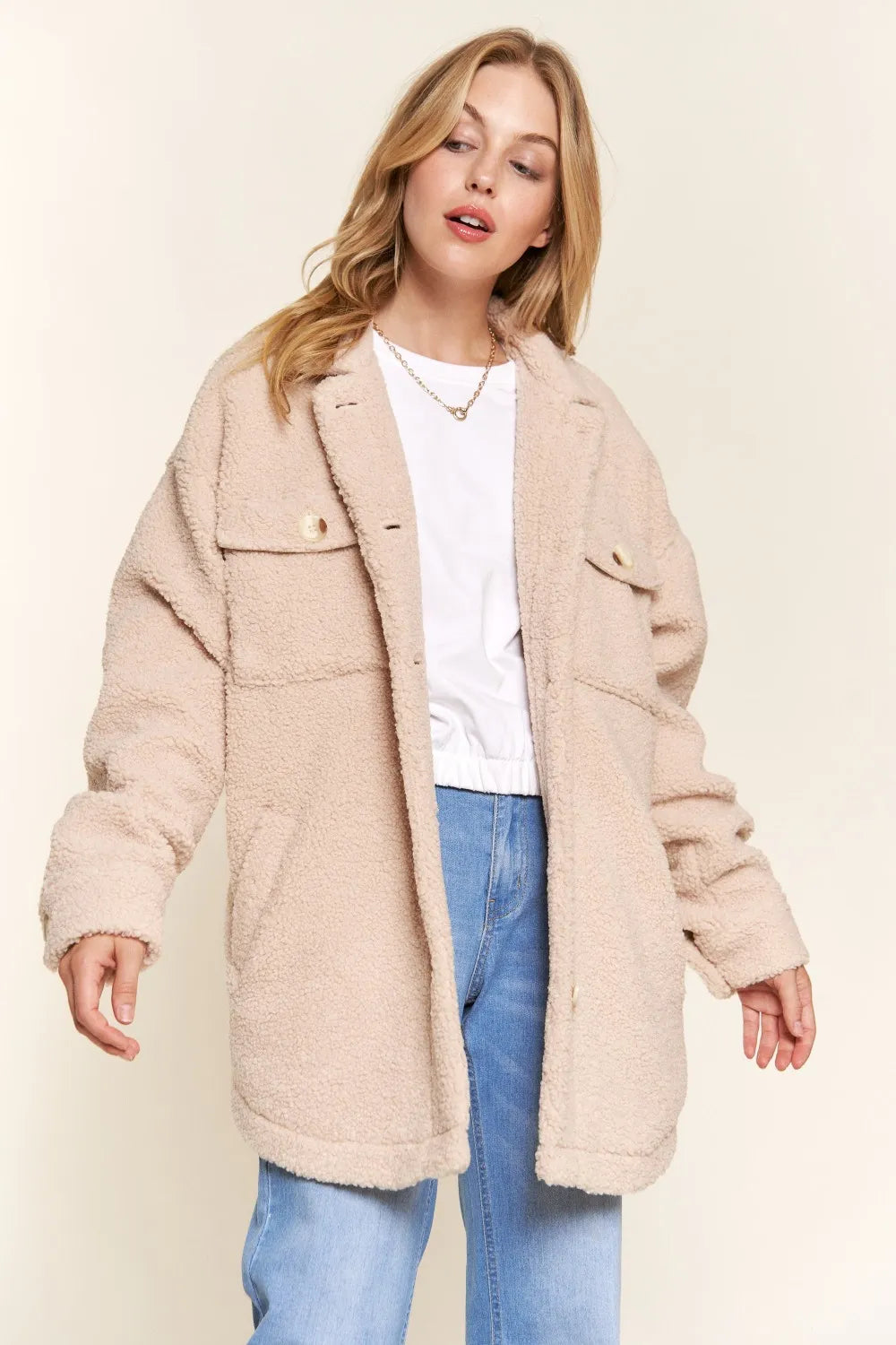 And The Why Teddy Sherpa Button Down Curved Hem Shacket-Womens Outerwear/Shacket-Trendsi-[option4]-[option5]-[option6]-[option7]-[option8]-Shop-Boutique-Clothing-for-Women-Online