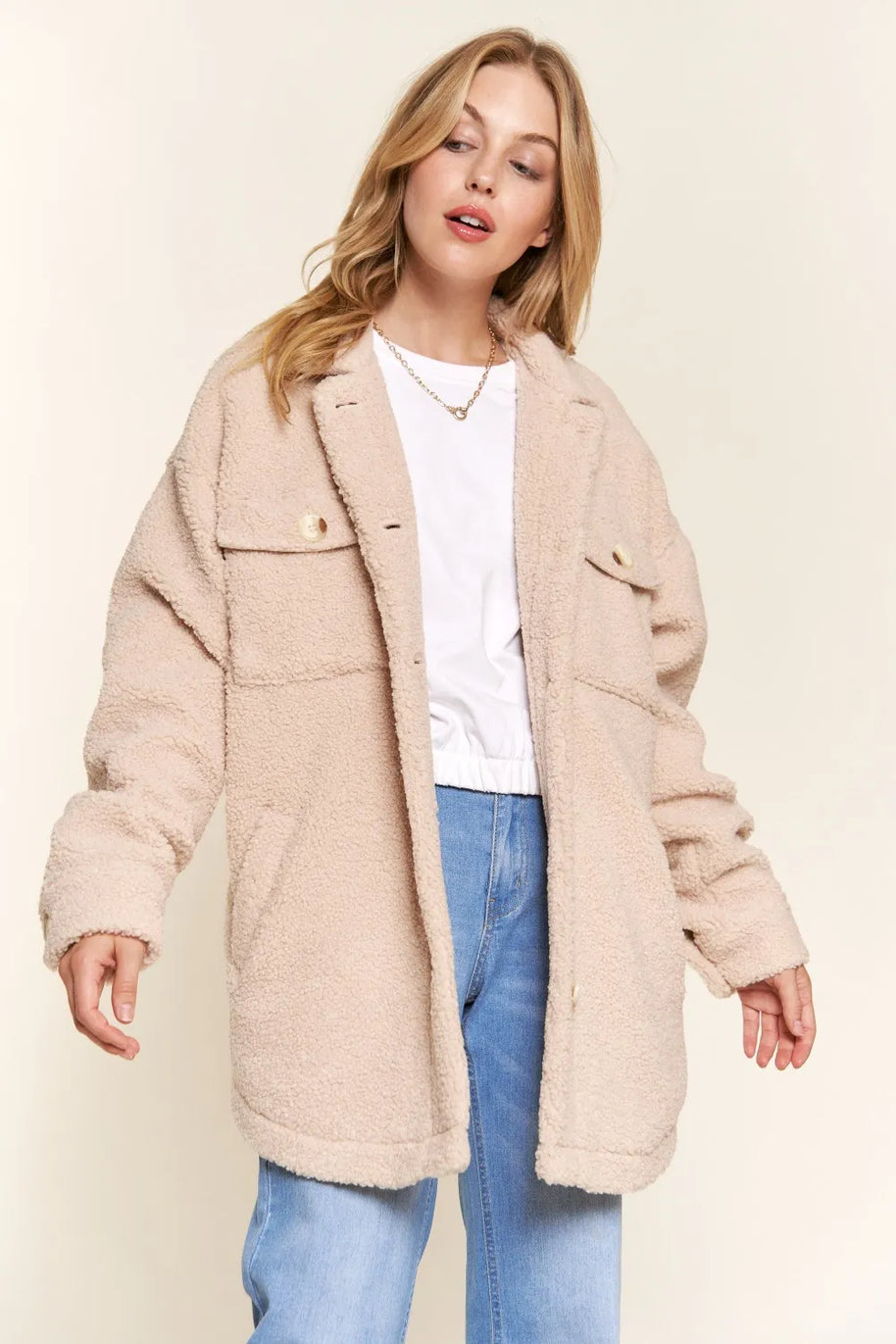 And The Why Teddy Sherpa Button Down Curved Hem Shacket-Womens Outerwear/Shacket-Trendsi-[option4]-[option5]-[option6]-[option7]-[option8]-Shop-Boutique-Clothing-for-Women-Online