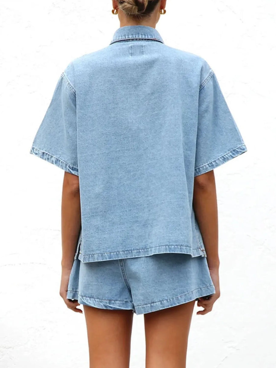 Button Up Short Sleeve Top and Shorts Denim Set-Sets-Trendsi-[option4]-[option5]-[option6]-[option7]-[option8]-Shop-Boutique-Clothing-for-Women-Online