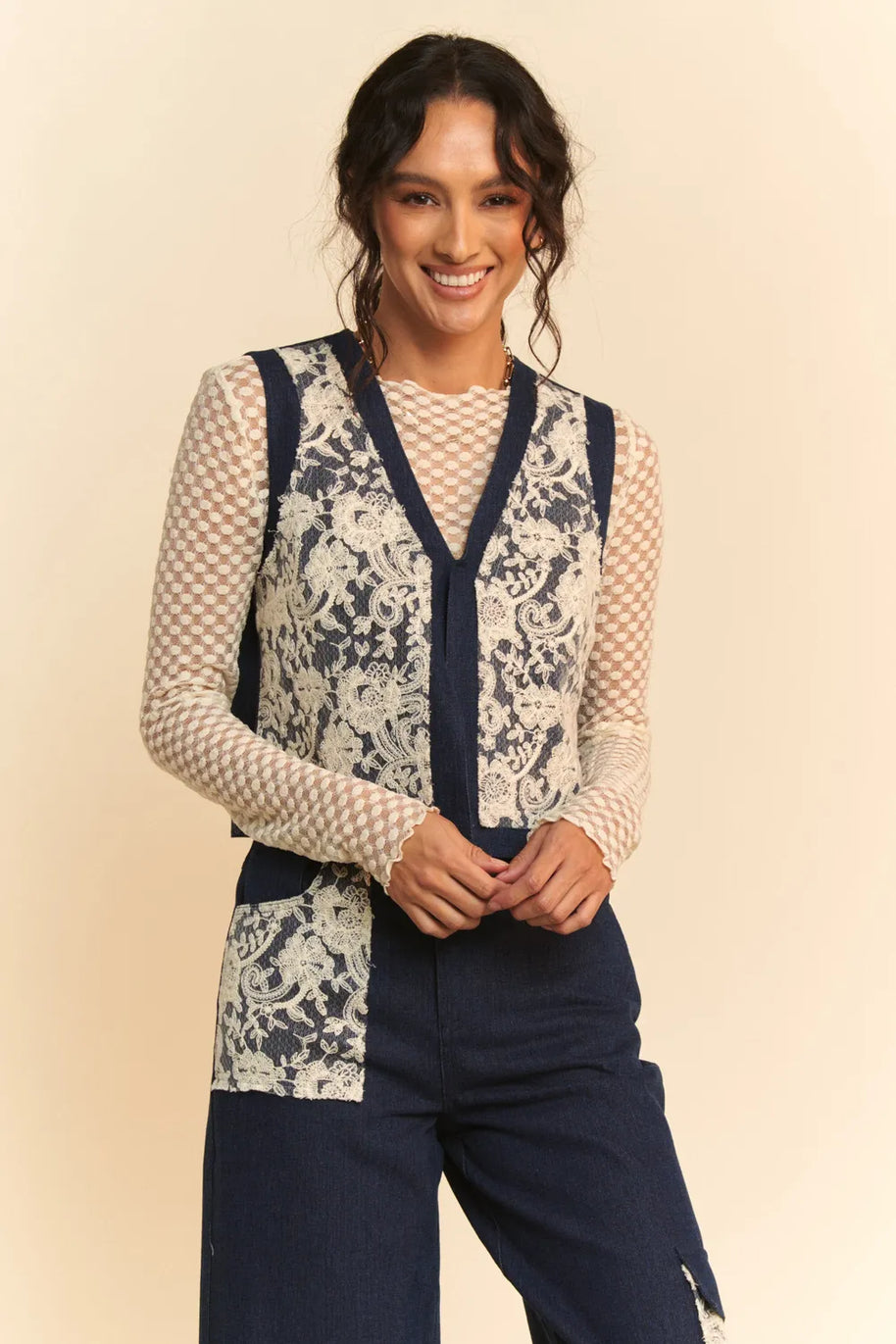Davi & Dani Lace Patch Open Front Denim Vest-Vest-Trendsi-[option4]-[option5]-[option6]-[option7]-[option8]-Shop-Boutique-Clothing-for-Women-Online