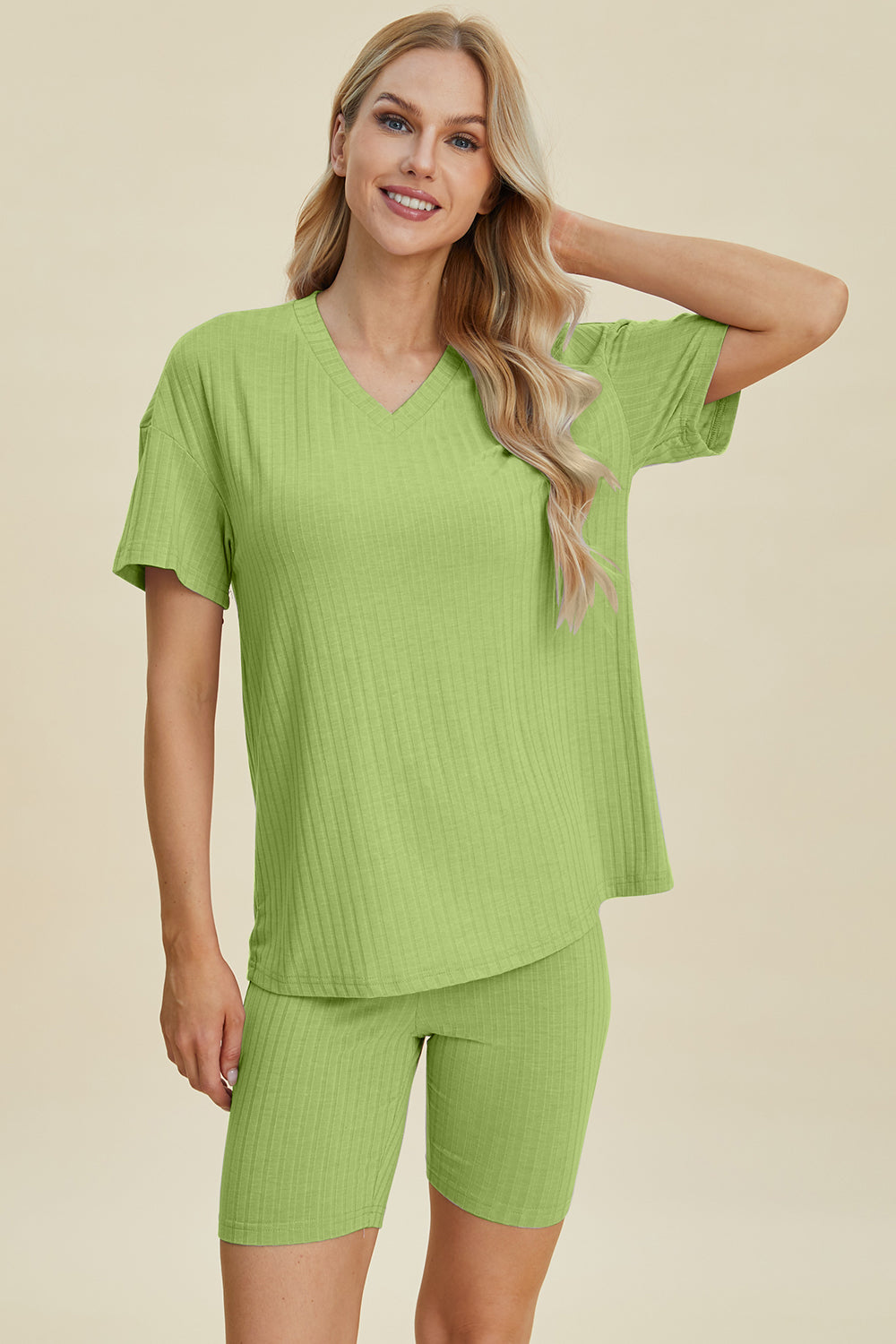 Basic Bae Ribbed V-Neck Short Sleeve Top and Shorts Set-Trendsi-[option4]-[option5]-[option6]-[option7]-[option8]-Shop-Boutique-Clothing-for-Women-Online