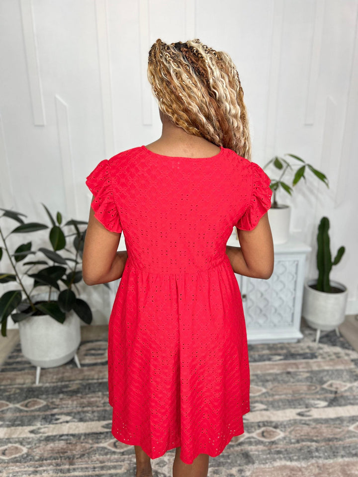 Shirley & Stone Rebecca Ruffle Sleeve Eyelet Dress - Red-In Stock Shirley&amp;Stone-Shirley & Stone-[option4]-[option5]-[option6]-[option7]-[option8]-Shop-Boutique-Clothing-for-Women-Online