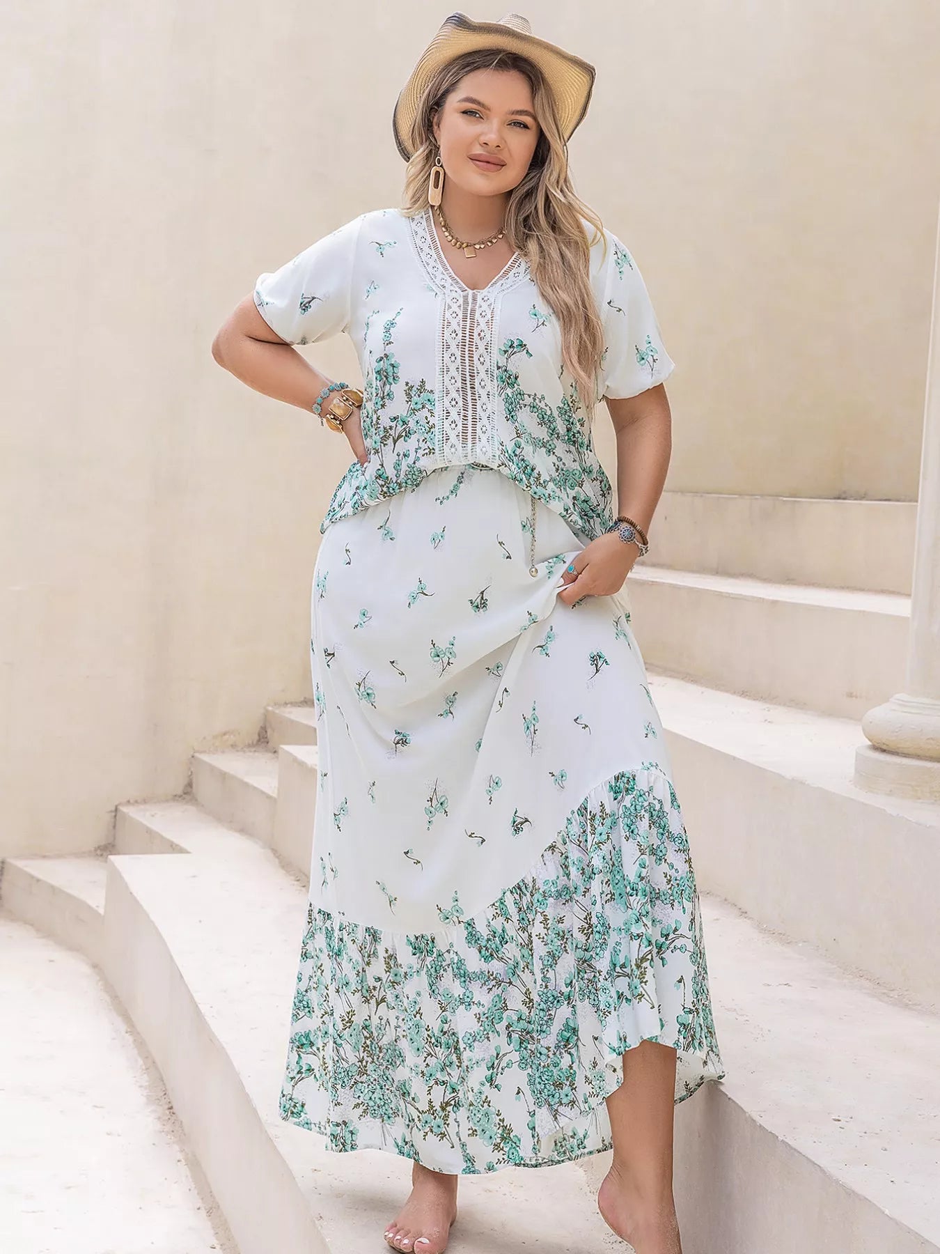 Plus Size Printed Lace Detail Short Sleeve Top and Skirt Set-Dresses-Trendsi-[option4]-[option5]-[option6]-[option7]-[option8]-Shop-Boutique-Clothing-for-Women-Online