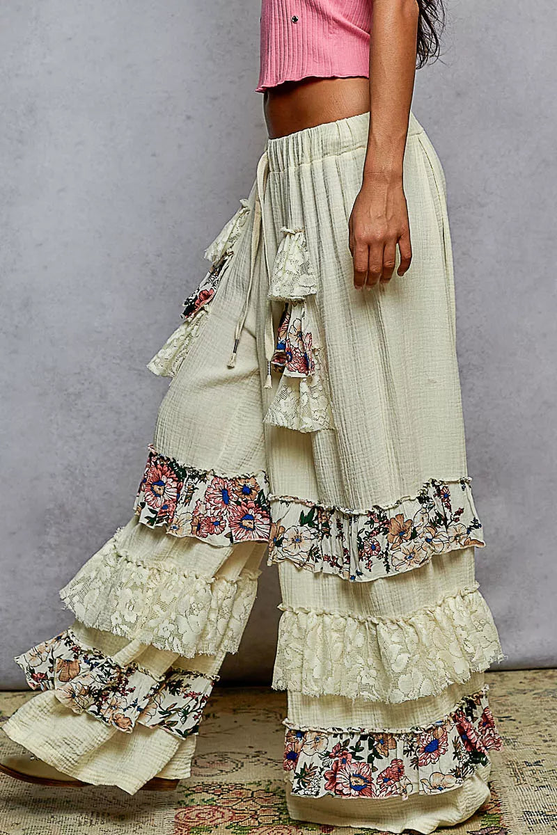 POL Drawstring Double Gauze Wide Leg Pants with Print and Lace Ruffle-pants-Trendsi-[option4]-[option5]-[option6]-[option7]-[option8]-Shop-Boutique-Clothing-for-Women-Online