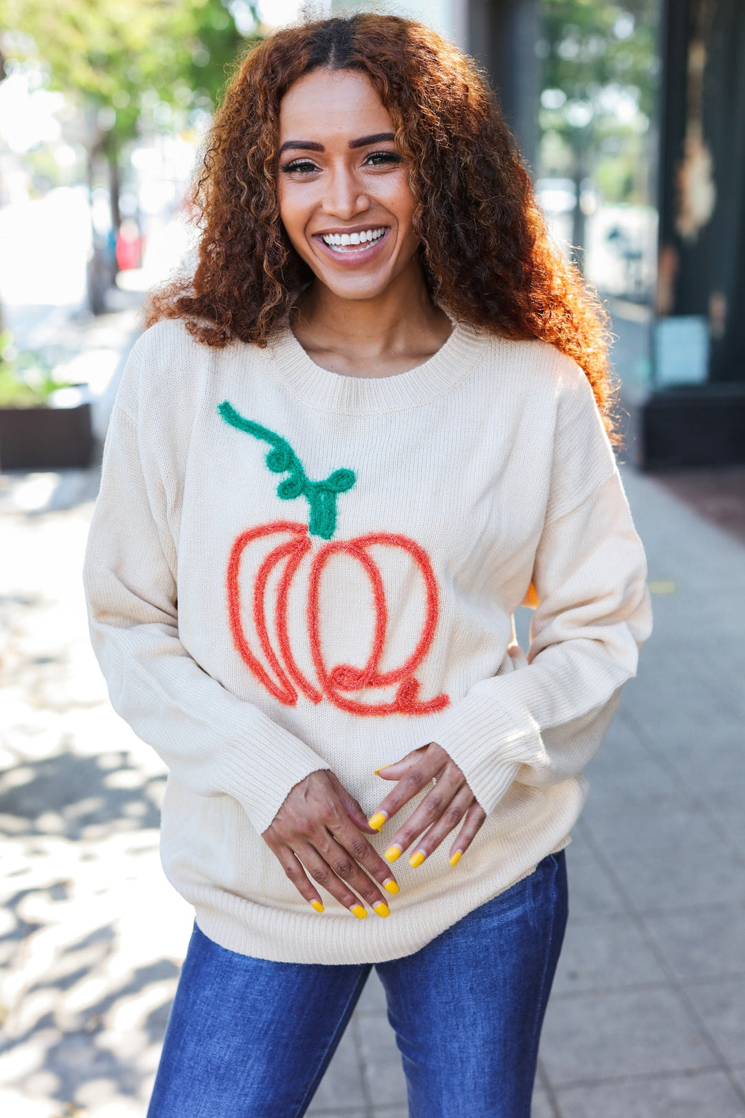 Taupe Embroidered Pumpkin Oversized Sweater-Haptics-[option4]-[option5]-[option6]-[option7]-[option8]-Shop-Boutique-Clothing-for-Women-Online