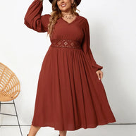 Plus Size Lace Detail V-Neck Balloon Sleeve Dress-Dresses-Trendsi-[option4]-[option5]-[option6]-[option7]-[option8]-Shop-Boutique-Clothing-for-Women-Online