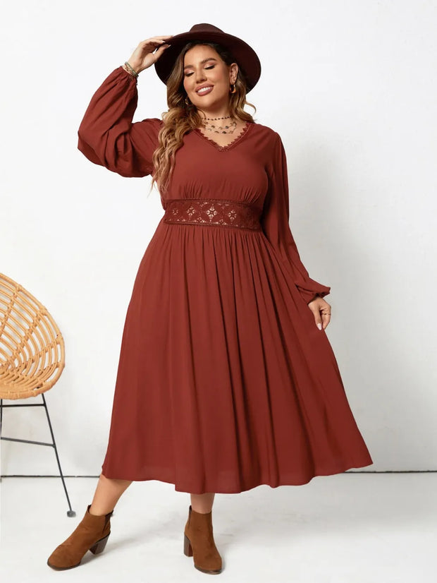 Plus Size Lace Detail V-Neck Balloon Sleeve Dress-Dresses-Trendsi-[option4]-[option5]-[option6]-[option7]-[option8]-Shop-Boutique-Clothing-for-Women-Online