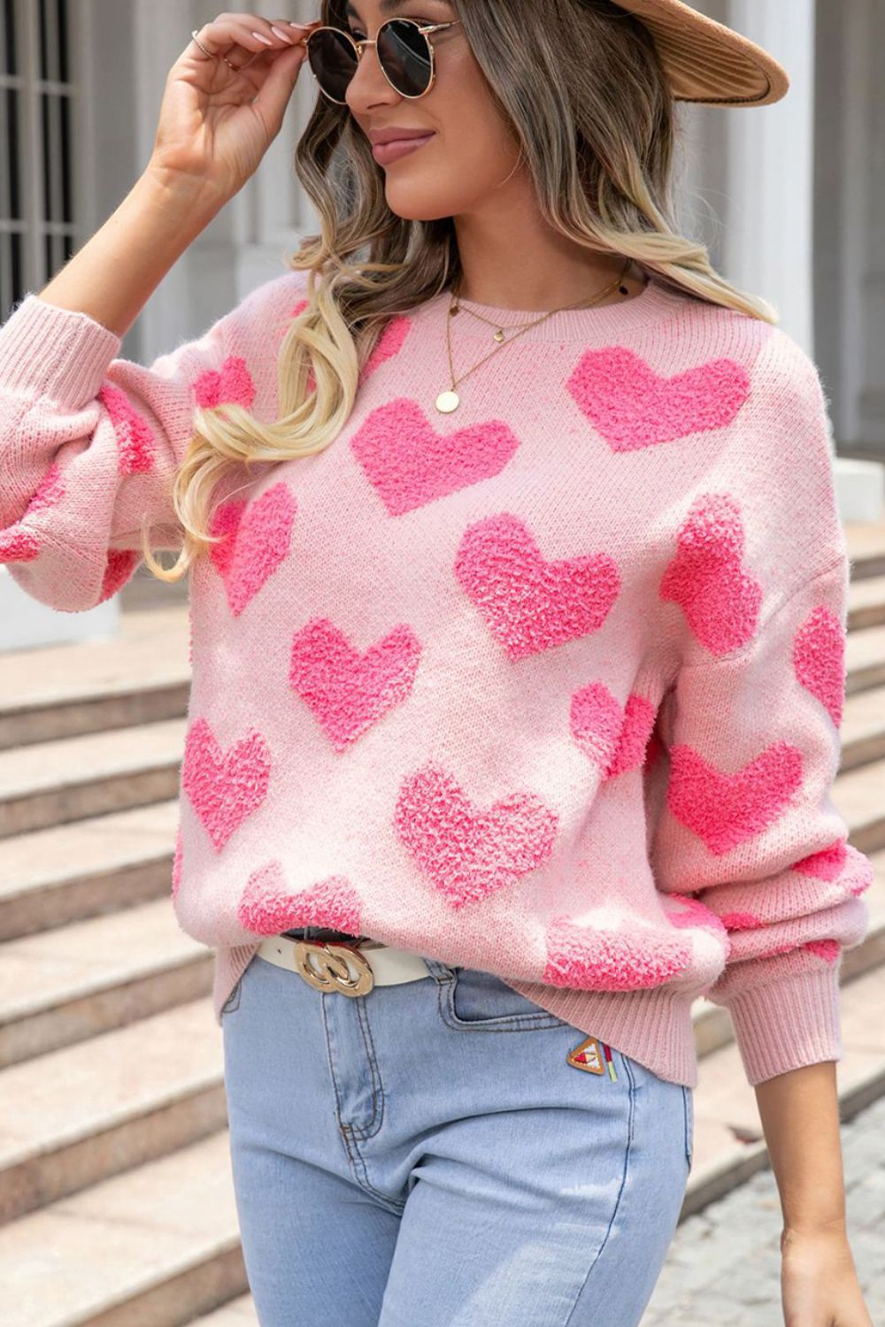 Valentine's Day Heart Jacquard Round Neck Sweater-Trendsi-Blush Pink-S-[option4]-[option5]-[option6]-[option7]-[option8]-Shop-Boutique-Clothing-for-Women-Online