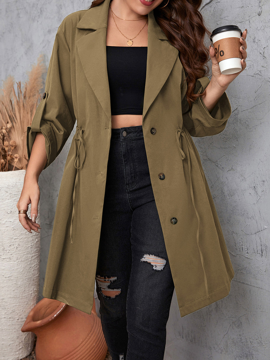Honey Plus Size Lapel Collar Drawstring Roll-Tab Sleeve Trench Coat-Coats & Jackets-Trendsi-[option4]-[option5]-[option6]-[option7]-[option8]-Shop-Boutique-Clothing-for-Women-Online