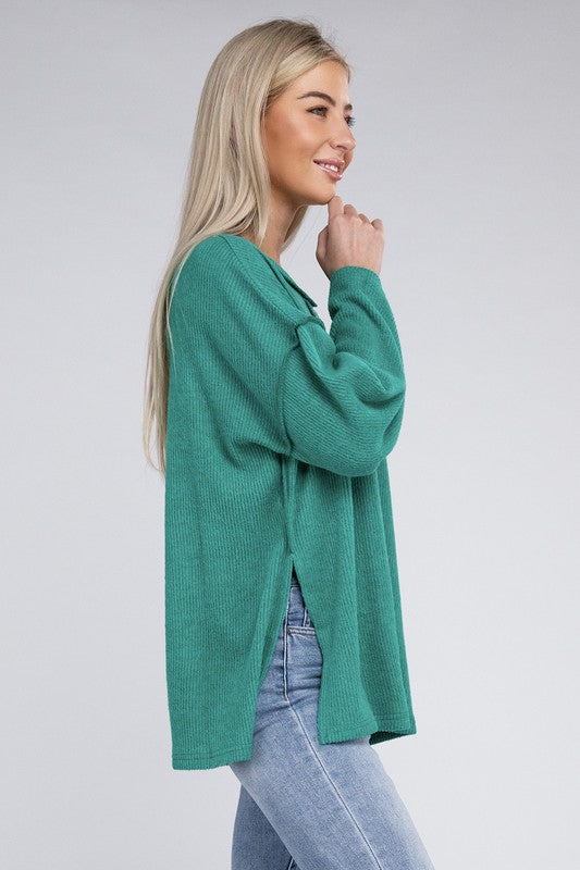 Zenana Ribbed Brushed Melange Hacci Henley Sweater-ZENANA-[option4]-[option5]-[option6]-[option7]-[option8]-Shop-Boutique-Clothing-for-Women-Online