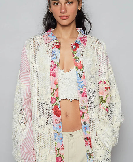 POL Lace Long Sleeve Shirt with Floral and Striped Pattern-Shirts-Trendsi-[option4]-[option5]-[option6]-[option7]-[option8]-Shop-Boutique-Clothing-for-Women-Online