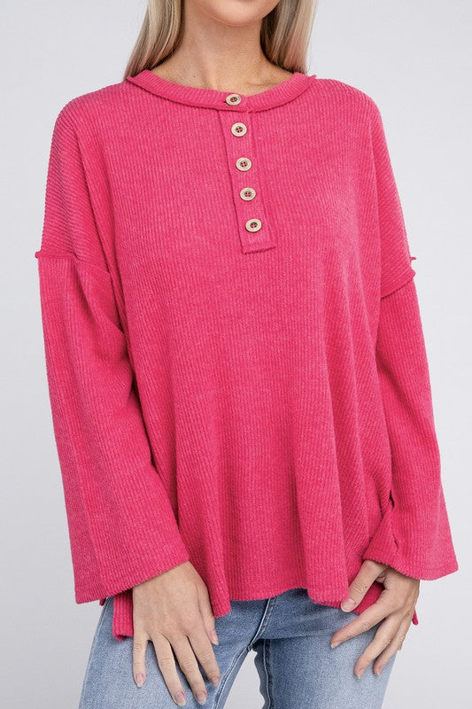 Zenana Ribbed Brushed Melange Hacci Henley Sweater-ZENANA-FUCHSIA-S-[option4]-[option5]-[option6]-[option7]-[option8]-Shop-Boutique-Clothing-for-Women-Online