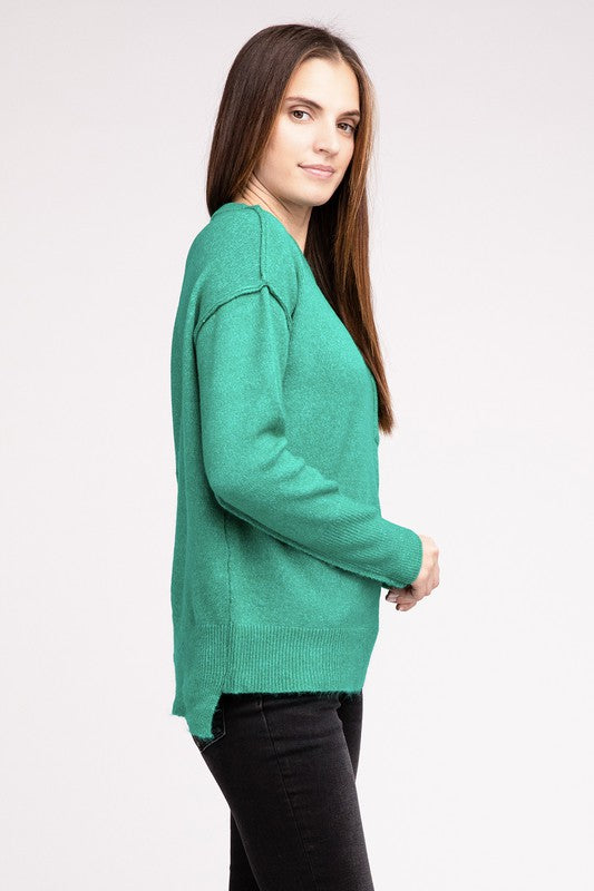 Zenana MELANGE HI-LOW HEM ROUND NECK SWEATER-ZENANA-[option4]-[option5]-[option6]-[option7]-[option8]-Shop-Boutique-Clothing-for-Women-Online