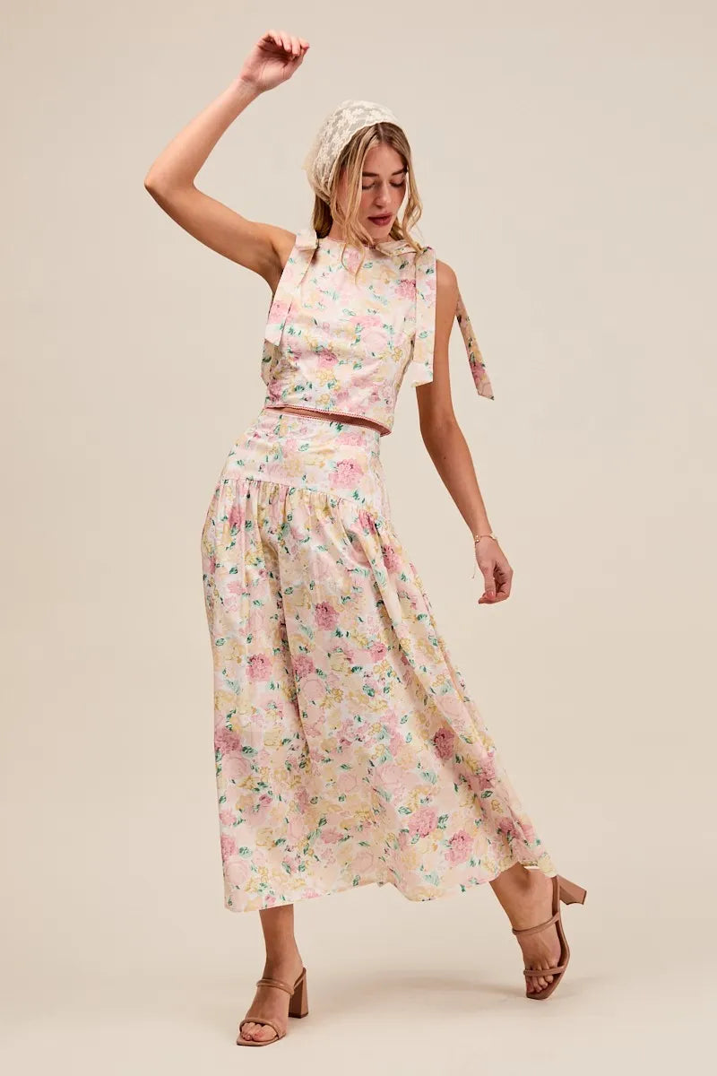 SO ME Floral Printed Woven Shoulder Bow Tie Top and Skirt Set-Dresses-Trendsi-[option4]-[option5]-[option6]-[option7]-[option8]-Shop-Boutique-Clothing-for-Women-Online