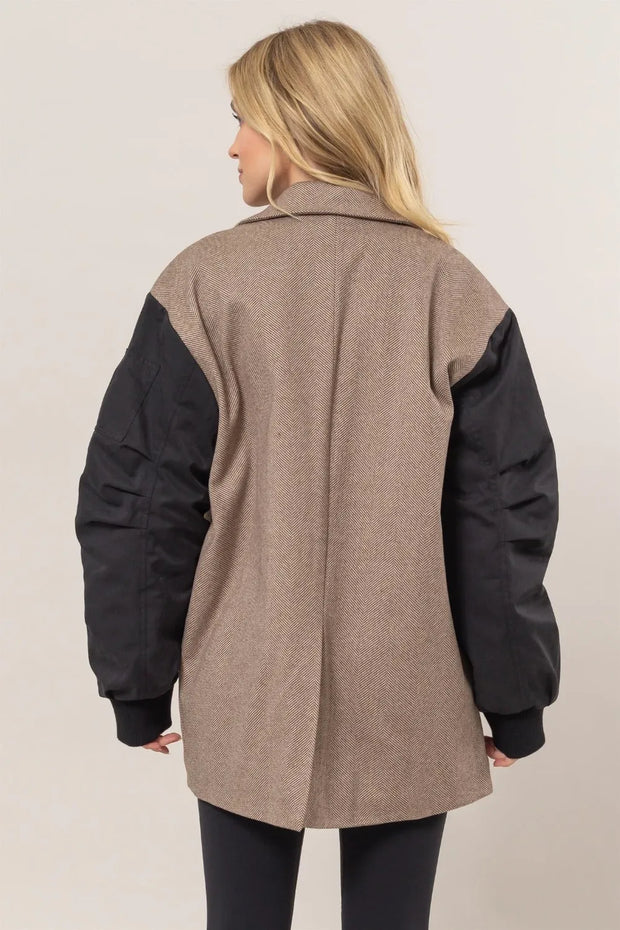 HYFVE Herringbone Mixed Media Contrast Long Sleeve Blazer-Blazers-Trendsi-[option4]-[option5]-[option6]-[option7]-[option8]-Shop-Boutique-Clothing-for-Women-Online