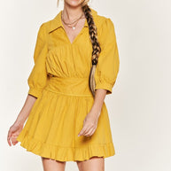 Eyelet detail 3/4 sleeve short dress-Jade By Jane-MUSTARD-S-[option4]-[option5]-[option6]-[option7]-[option8]-Shop-Boutique-Clothing-for-Women-Online