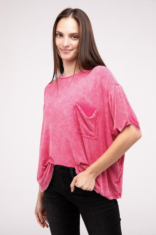 Zenana Washed Ribbed Cuffed Short Sleeve Round Neck Top-ZENANA-[option4]-[option5]-[option6]-[option7]-[option8]-Shop-Boutique-Clothing-for-Women-Online