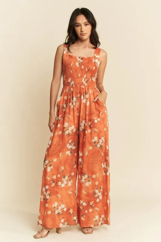 Davi & Dani Floral Ruffle Square Neck Smocking Bodice Jumpsuit-Jumpsuits & Rompers-Trendsi-[option4]-[option5]-[option6]-[option7]-[option8]-Shop-Boutique-Clothing-for-Women-Online