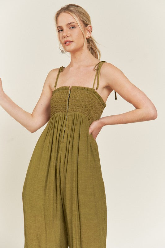 SMOCKED TIE STRAP JUMPSUIT-Jade By Jane-OLIVE-S-[option4]-[option5]-[option6]-[option7]-[option8]-Shop-Boutique-Clothing-for-Women-Online