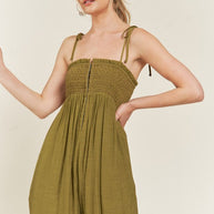 SMOCKED TIE STRAP JUMPSUIT-Jade By Jane-OLIVE-S-[option4]-[option5]-[option6]-[option7]-[option8]-Shop-Boutique-Clothing-for-Women-Online