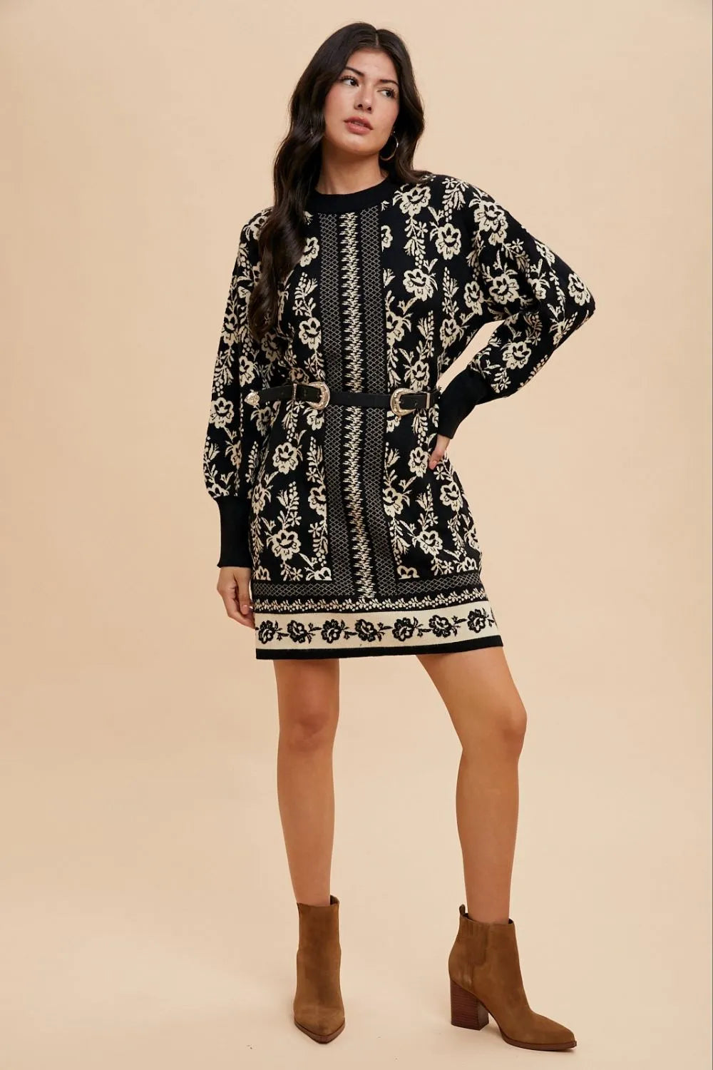 Annie Wear Floral Jacquard Round Neck Sweater Dress-Dresses-Trendsi-[option4]-[option5]-[option6]-[option7]-[option8]-Shop-Boutique-Clothing-for-Women-Online
