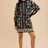 Annie Wear Floral Jacquard Round Neck Sweater Dress-Dresses-Trendsi-[option4]-[option5]-[option6]-[option7]-[option8]-Shop-Boutique-Clothing-for-Women-Online