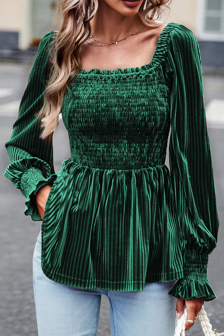 Smocked Ribbed Velvet Babydoll Top-Trendsi-Dark Green-S-[option4]-[option5]-[option6]-[option7]-[option8]-Shop-Boutique-Clothing-for-Women-Online