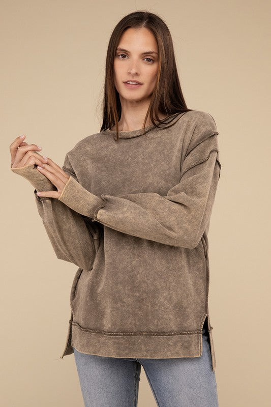 Zenana Acid Wash French Terry Exposed-Seam Sweatshirt-ZENANA-[option4]-[option5]-[option6]-[option7]-[option8]-Shop-Boutique-Clothing-for-Women-Online