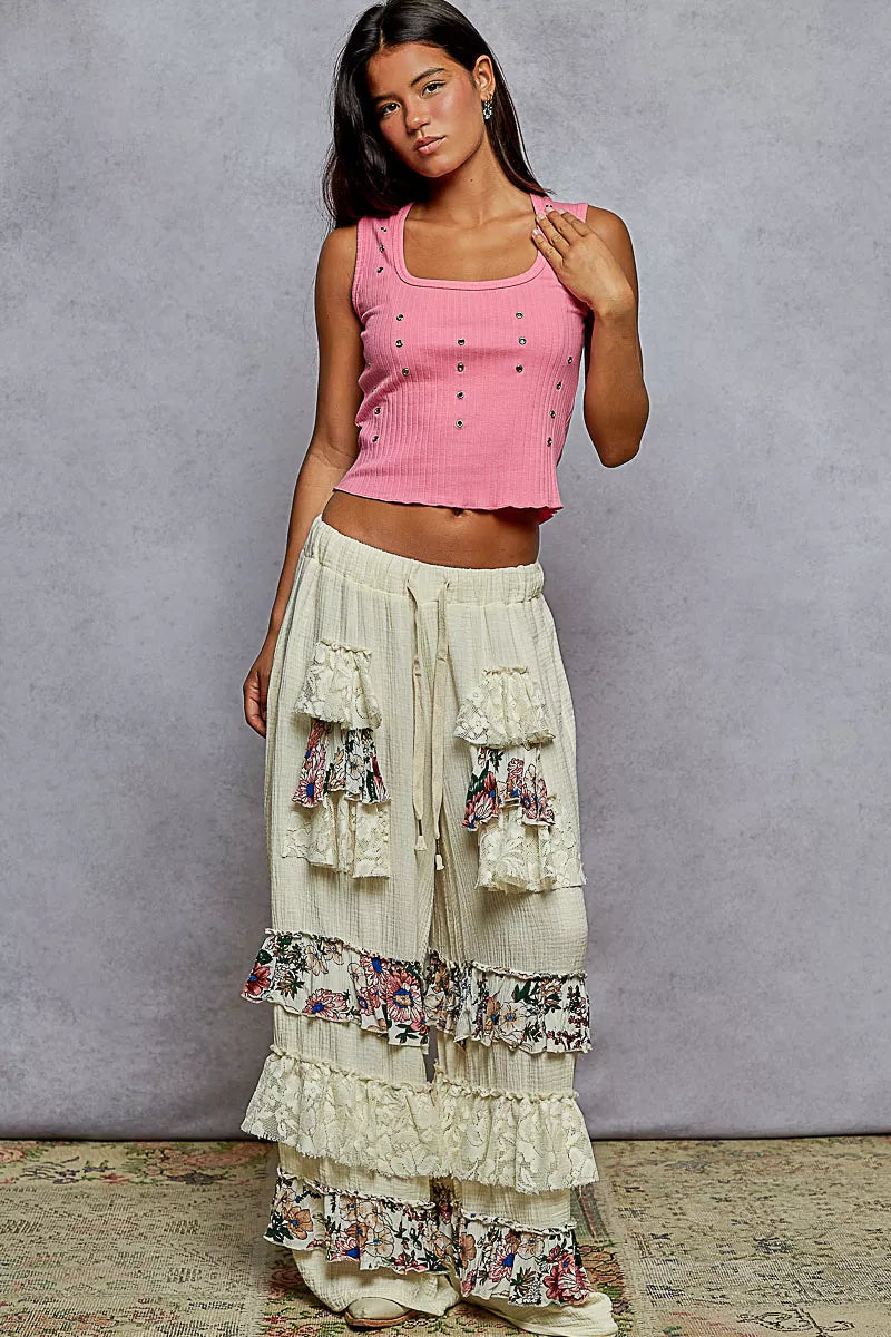 POL Drawstring Double Gauze Wide Leg Pants with Print and Lace Ruffle-pants-Trendsi-[option4]-[option5]-[option6]-[option7]-[option8]-Shop-Boutique-Clothing-for-Women-Online